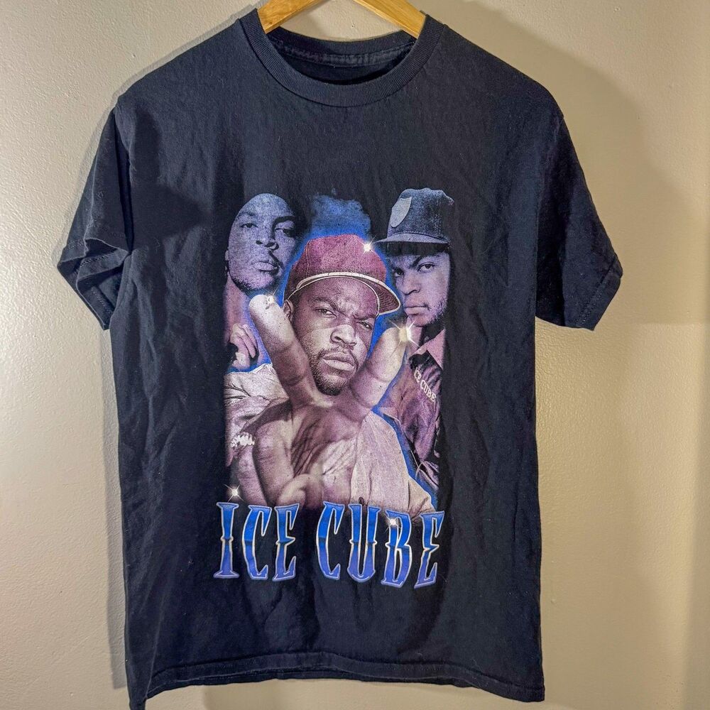 Ice Cube Rap Tee T-Shirt Black Triple Graphic Print Hip Hop Streetwear Medium